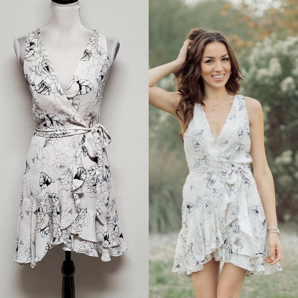 Dress Forum Diana Floral Mini Dress Black White Floral Surplice Neck Faux Wrap M